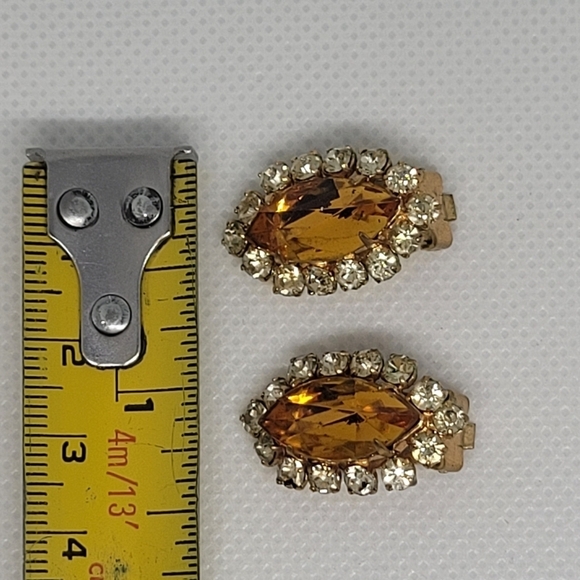 VINTAGE Elegant Gold Tone 80's Amber & Crystal Color Clip-on Earrings - Picture 12 of 14